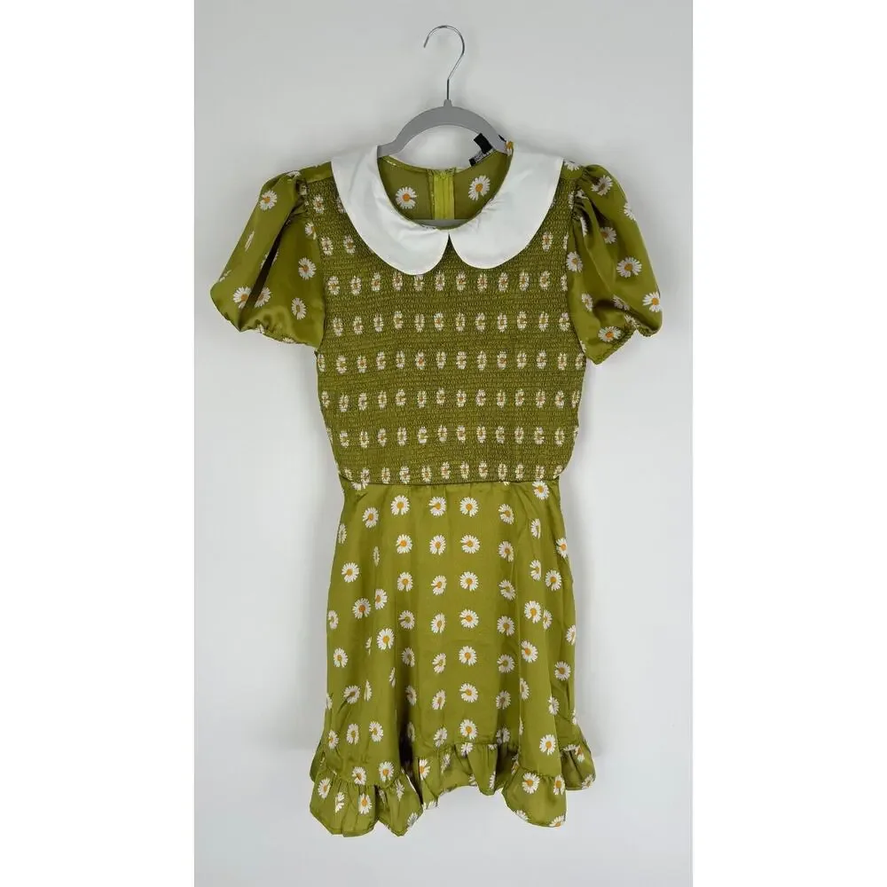 Smak Parlour Womens Green Floral Smocked Short Sleeve Flare Dress Size Medium
